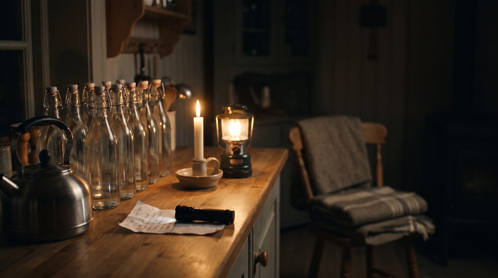 A kitchen counter at night: filled water bottles, a kettle, a lantern, a candle, a folded blanket and a hand-written list.